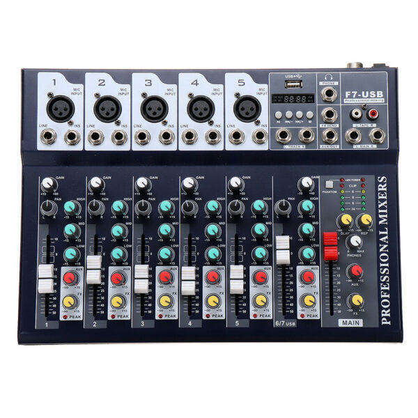 7 Channel DJ Audio Mixer bluetooth USB Reverb Effect Mixing Console Amplifier for Tiktok Youtube Live Broadcast Studio Karaoke DJ