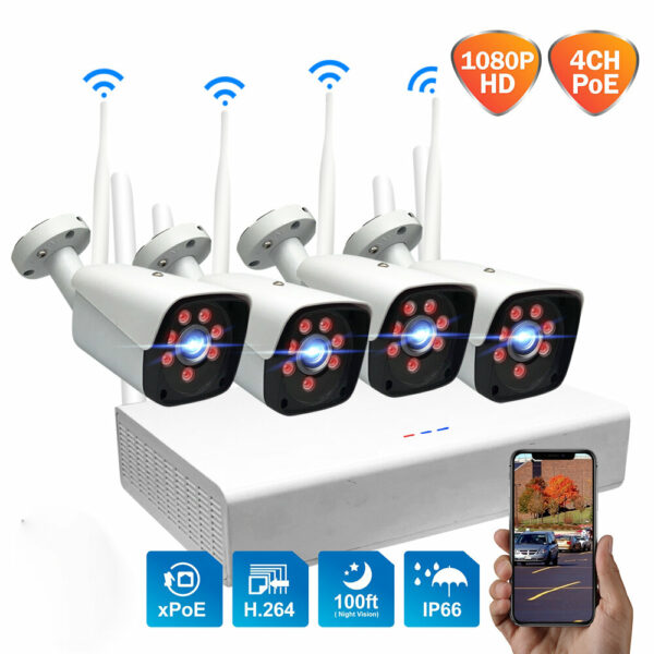 GUUDGO 4CH 2.0MP 1080P Wireless Surveillance White Camera System Kits outdoor/Indoor Weatherproof P2P CCTV Monitoring Kit