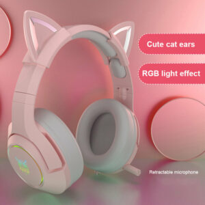 ONIKUMA Wired Headphones Stereo Dynamic Drivers Noise Reduction Headset 3.5MM RGB Luminous Pink Cat Ear Adjustable Over-Ear Gaming Headphones with Mic