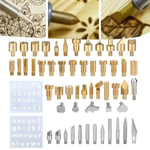 57Pcs Wood Burning Solder Iron Set Pyrography Brass Tips + 2X Stencils Kit Tool