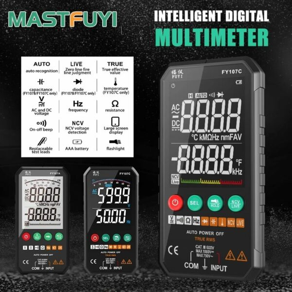 FY107A/FY107B/FY107C Smart Automatic Digital Multimeter 6000 Counts Ture RMS AC DC NCV Transistor Capacitor Temperature Voltage Smart Meter