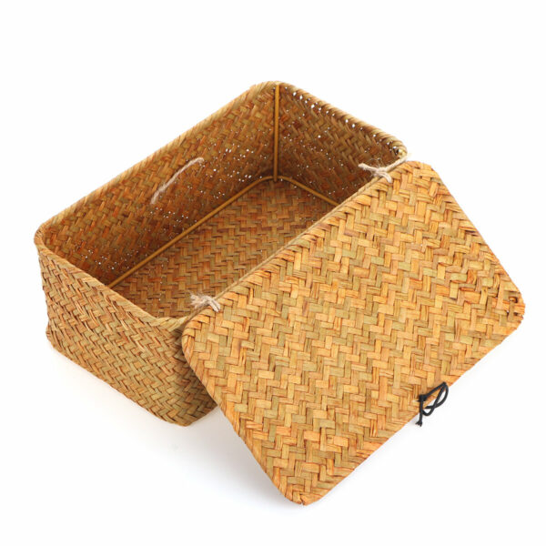 Storage Box Rectangular Straw Flower Basket with Cover Home Garden Fruit Clothes