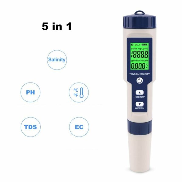 EZ-9909A 5 in 1 TDS/EC/PH/Salinity/Temperature Meter Digital Water Quality Monitor Tester for Pools